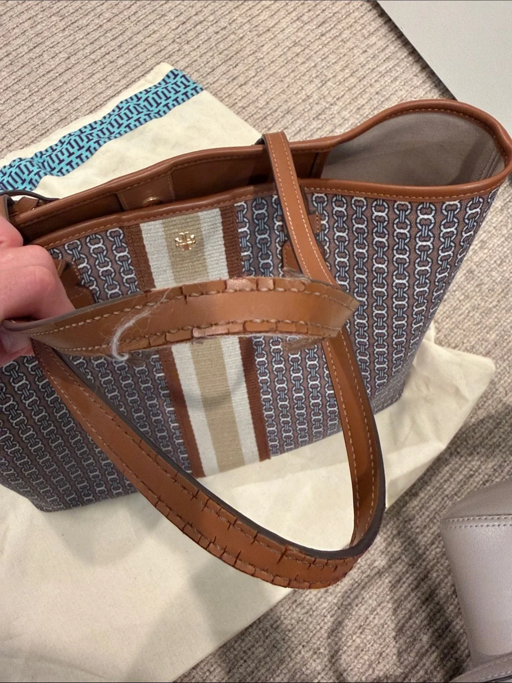 Tory Burch Brown Canvas Logo Stripe Tote with Cream Center Stripe
